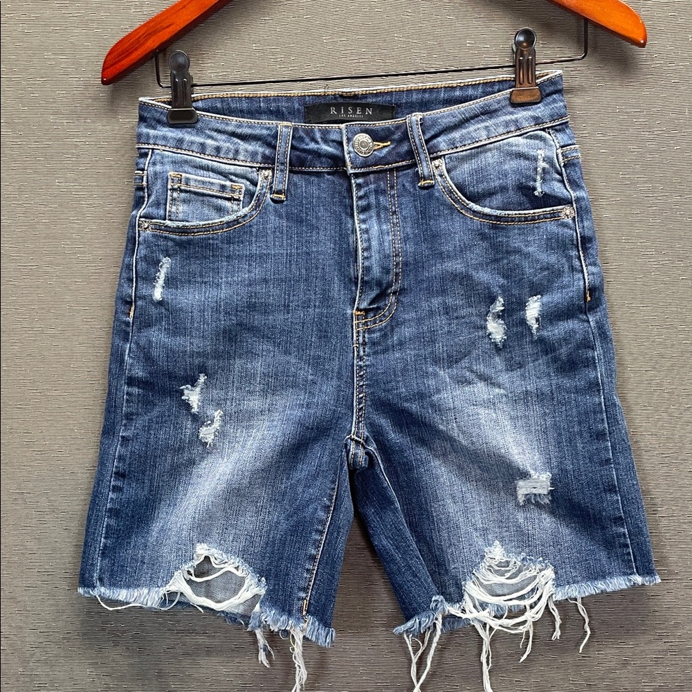 RISEN‎ Distressed Blue Jean high rise Shorts with Raw Hem